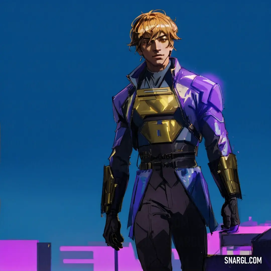 Man in a futuristic suit standing in front of a purple background. Color CMYK 57,62,0,19.