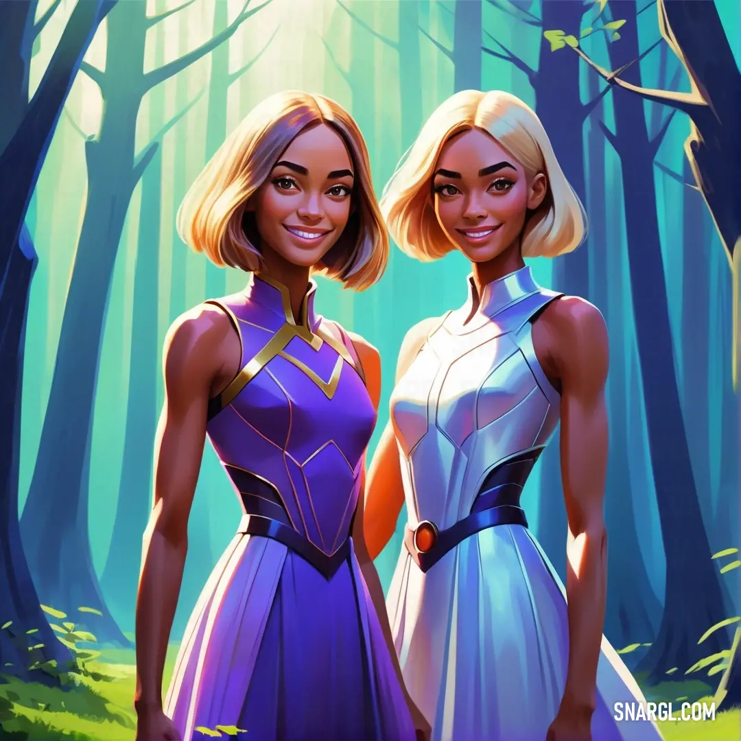 Two women in dresses standing in a forest with trees in the background. Example of RGB 90,79,207 color.