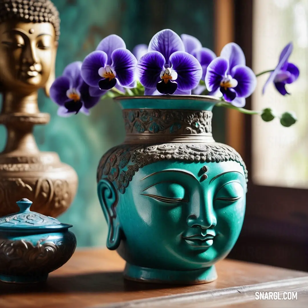 Vase with purple flowers in it on a table next to a buddha statue. Example of CMYK 57,62,0,19 color.