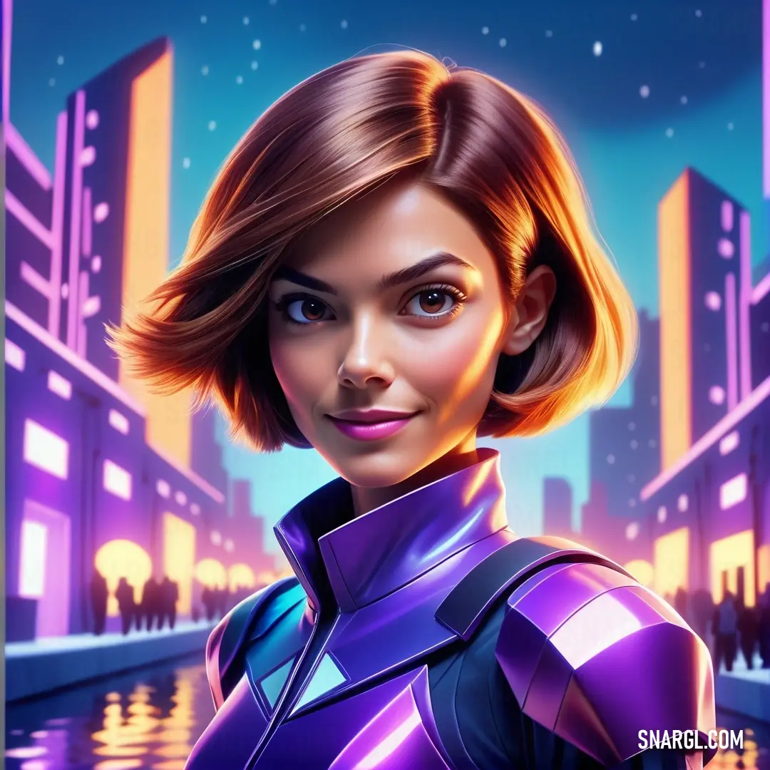 Woman in a purple suit standing in front of a cityscape with buildings and a sky background. Example of #5A4FCF color.