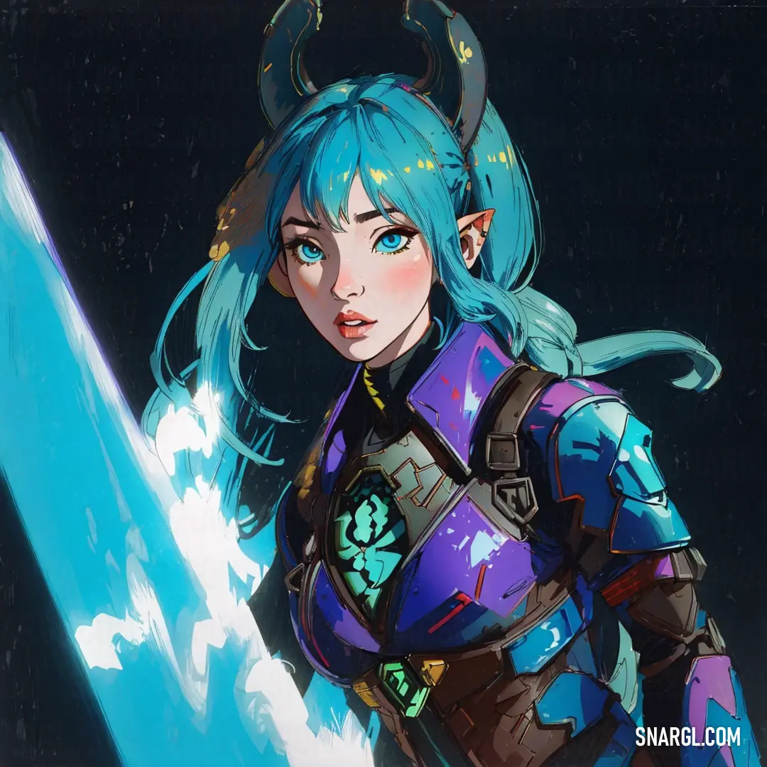Woman with blue hair holding a sword in front of a dark background. Example of #5A4FCF color.
