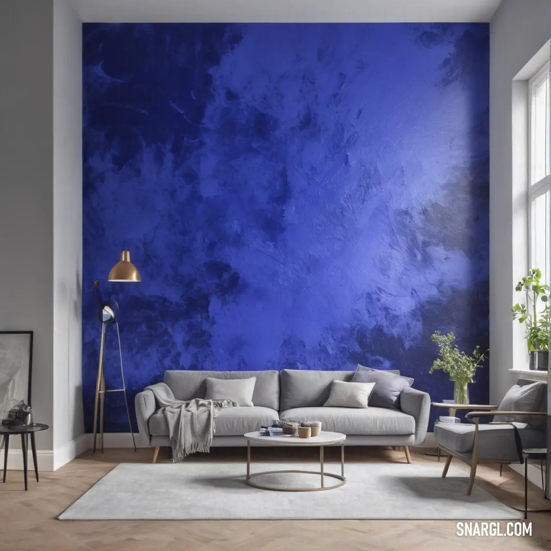 Iris color. Living room with a couch and a table in front of a blue wall with clouds on it and a lamp