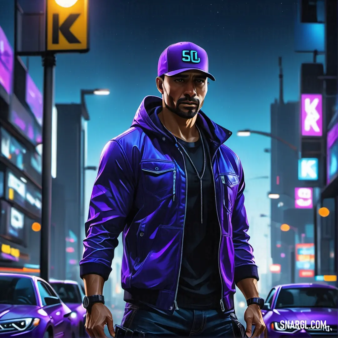 Man in a purple jacket and hat standing in a city at night with a neon sign above him. Example of RGB 90,79,207 color.