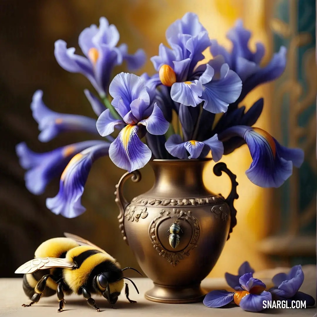Iris color example: Painting of a vase with flowers and a bee on a table next to it