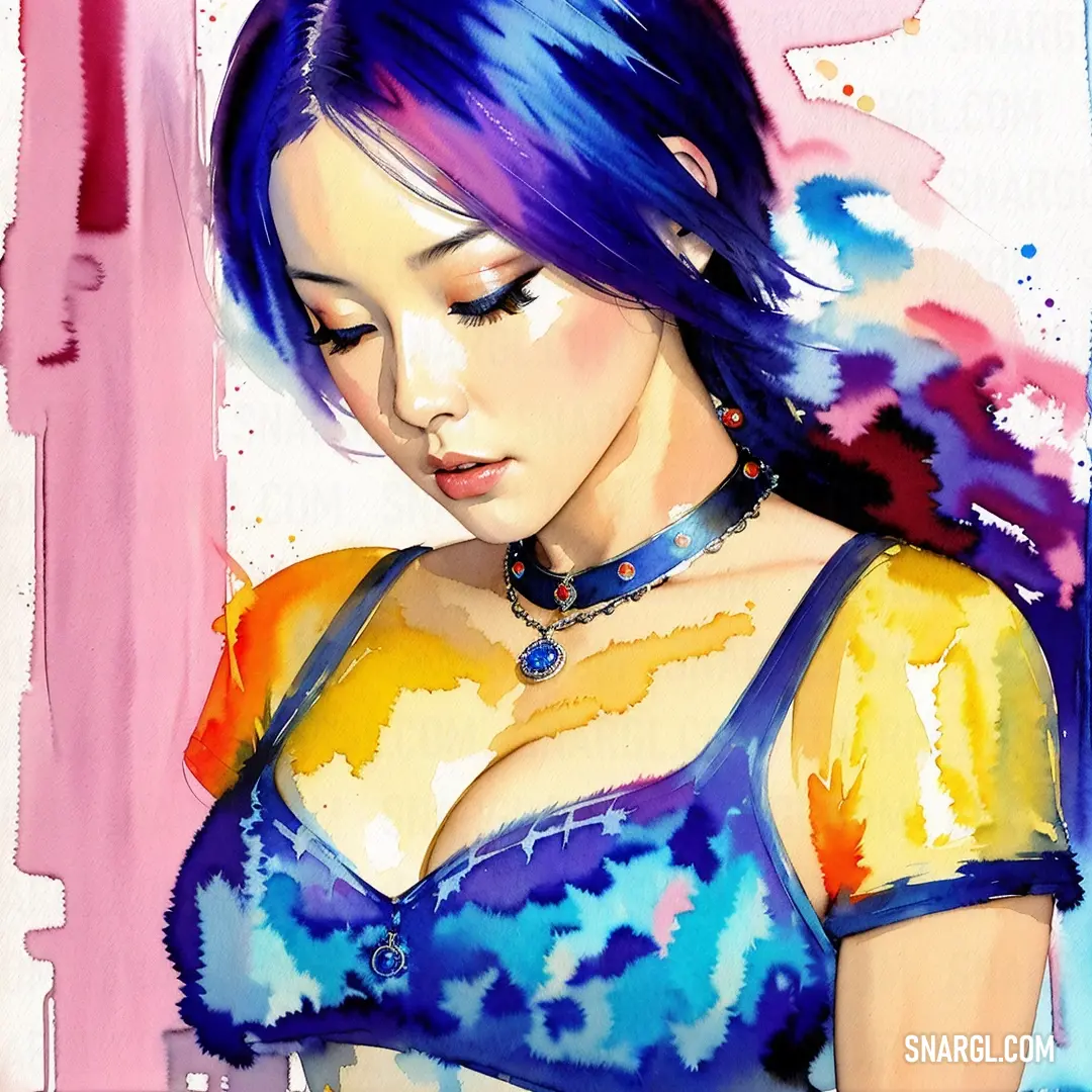 Painting of a woman with blue hair and a blue bra top on her chest and a pink background