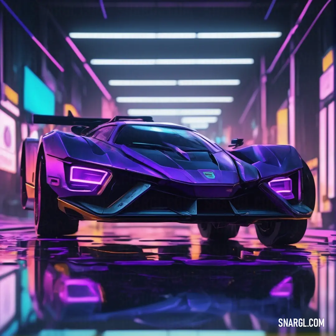 Purple sports car is parked in a tunnel of neon lights in a futuristic building with a purple floor. Example of Iris color.