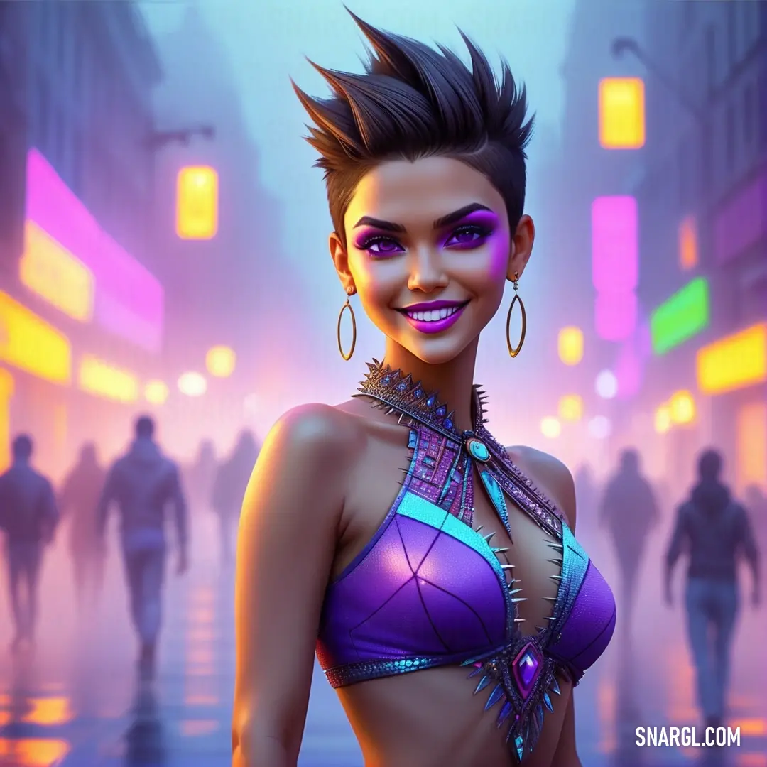 Iris color. Woman in a bikini top and earrings standing in a city street at night with neon lights on the buildings