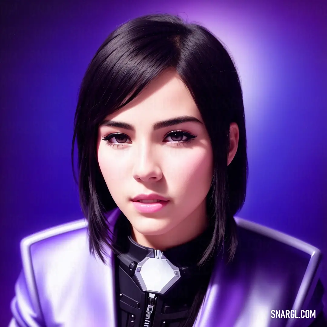 Woman with a purple jacket and a white tie on her neck and a purple background
