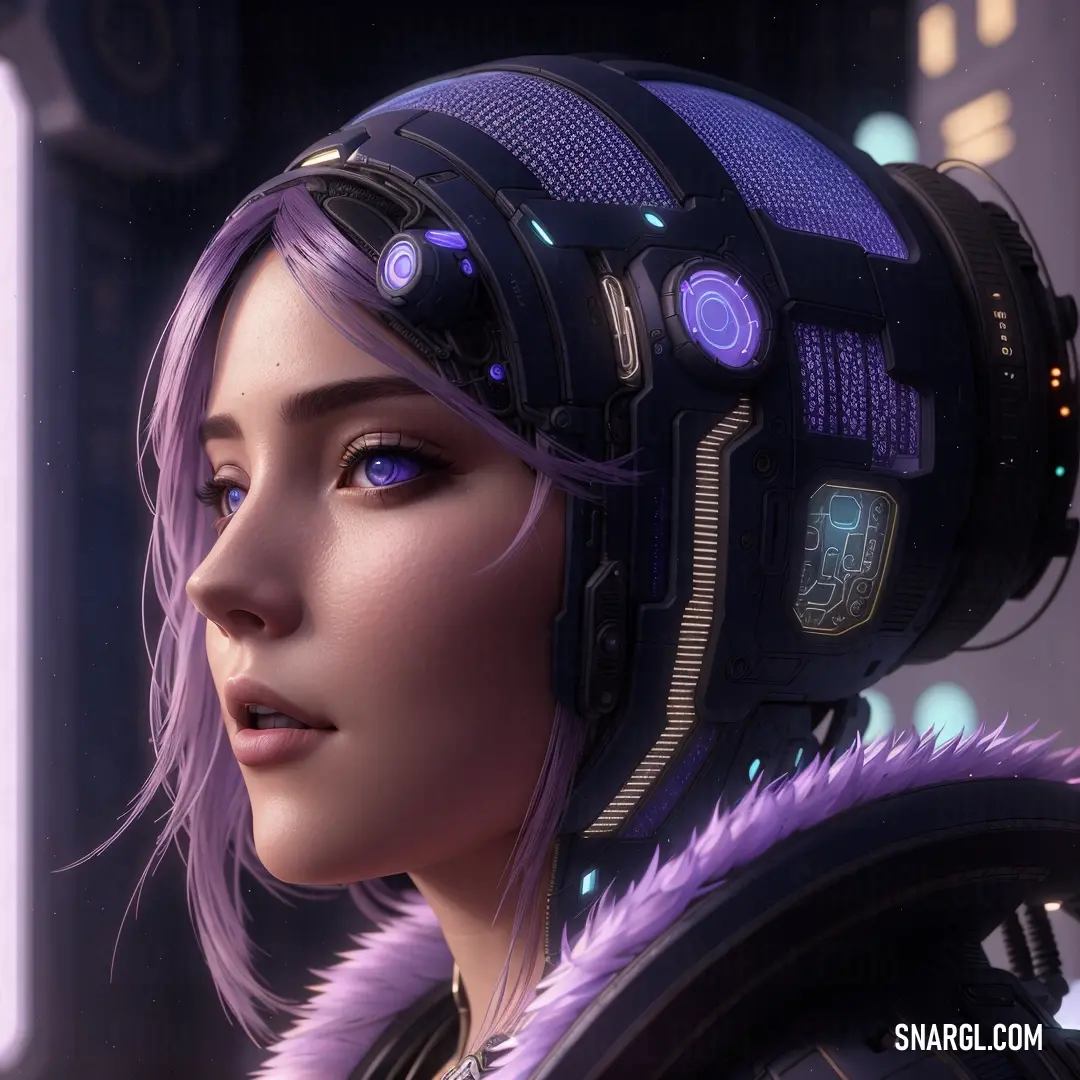 Woman with purple hair and a helmet on her head looking off into the distance with a futuristic city in the background