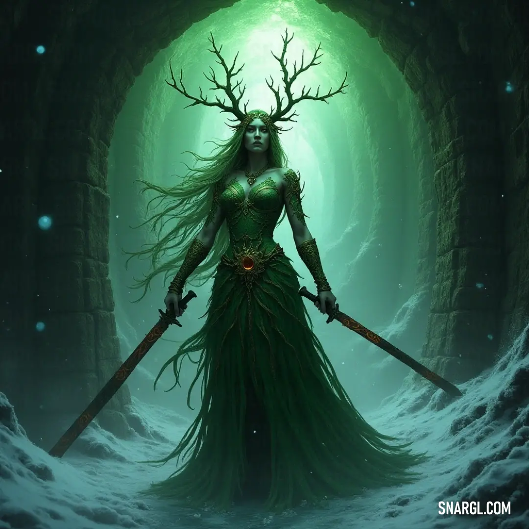 A fearless warrior stands poised with two shimmering swords in an icy cave illuminated by an otherworldly green light. Amidst icy caverns shimmering with green light, a warrior in a flowing green dress brandishes two shimmering swords, ready to face any challenge while exuding strength and courage.