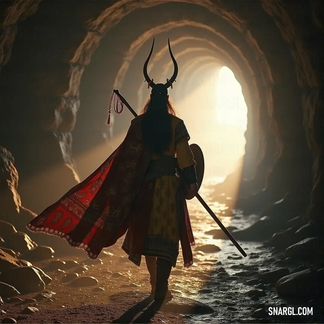 A horned figure with a sword marches through a cave, a beam of light illuminating the path ahead from the dark tunnel. A figure adorned in costume with horns, a sword at their side, strides through a dark cave. A sliver of light shines through the tunnel, casting dramatic shadows on the stone walls as they move forward with purpose.