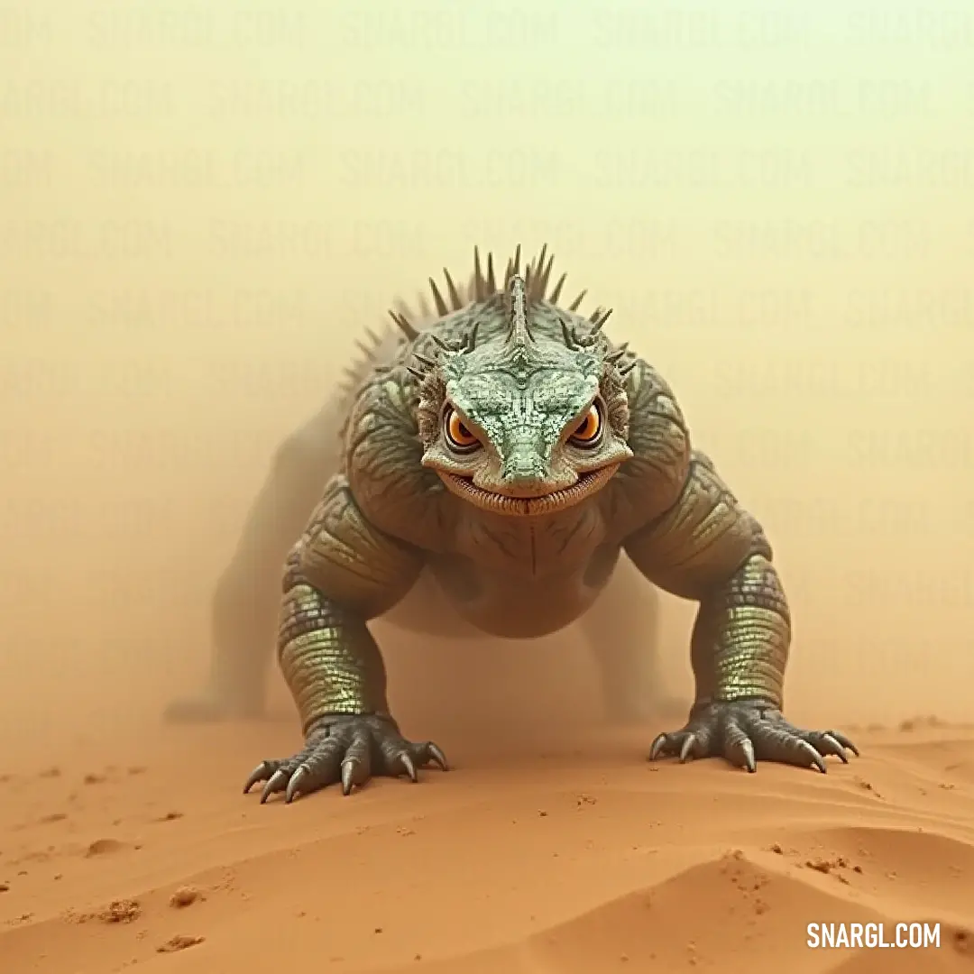 A lizard, poised gracefully with its legs spread wide, surveys its sandy domain with bright, alert eyes, embodying the beauty of survival in a harsh desert landscape illuminated by the vast sky.