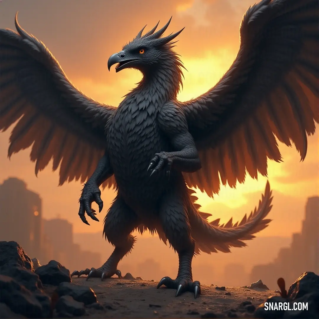 Ironbeak the Fierce stands proudly in a rocky landscape, wings outstretched, with a city looming in the distance. Ironbeak the Fierce stands firm on rocky ground, its impressive wings stretching out behind it. In the distance, a sprawling city can be seen, while the creature’s formidable presence makes the surroundings feel even more dramatic.