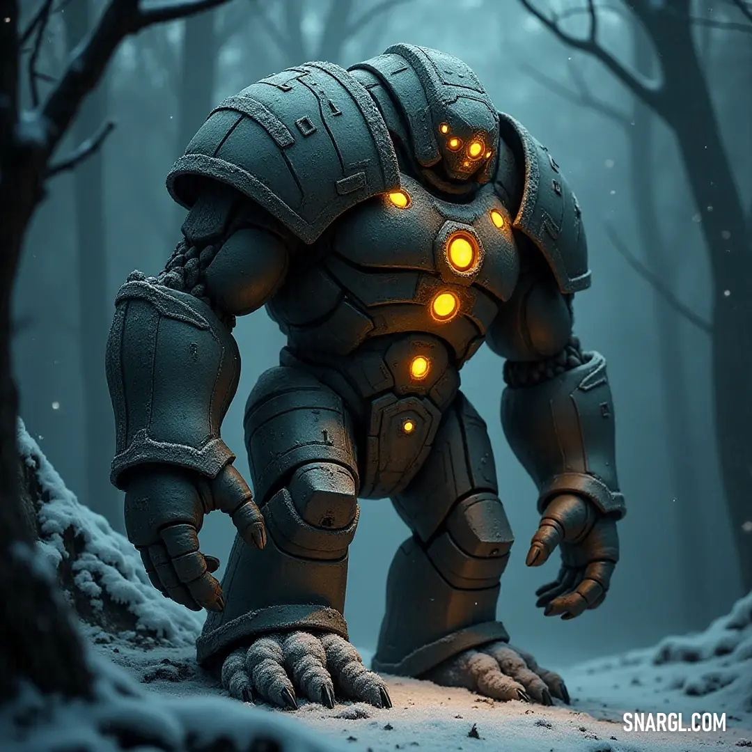 Ironclad Golem Amidst a Winter Wonderland In a serene winter forest, an Ironclad Golem stands amidst the snowy landscape, its glowing eyes piercing through the tranquil scene, surrounded by tall trees draped in glistening snow, creating an eerie yet beautiful sight.