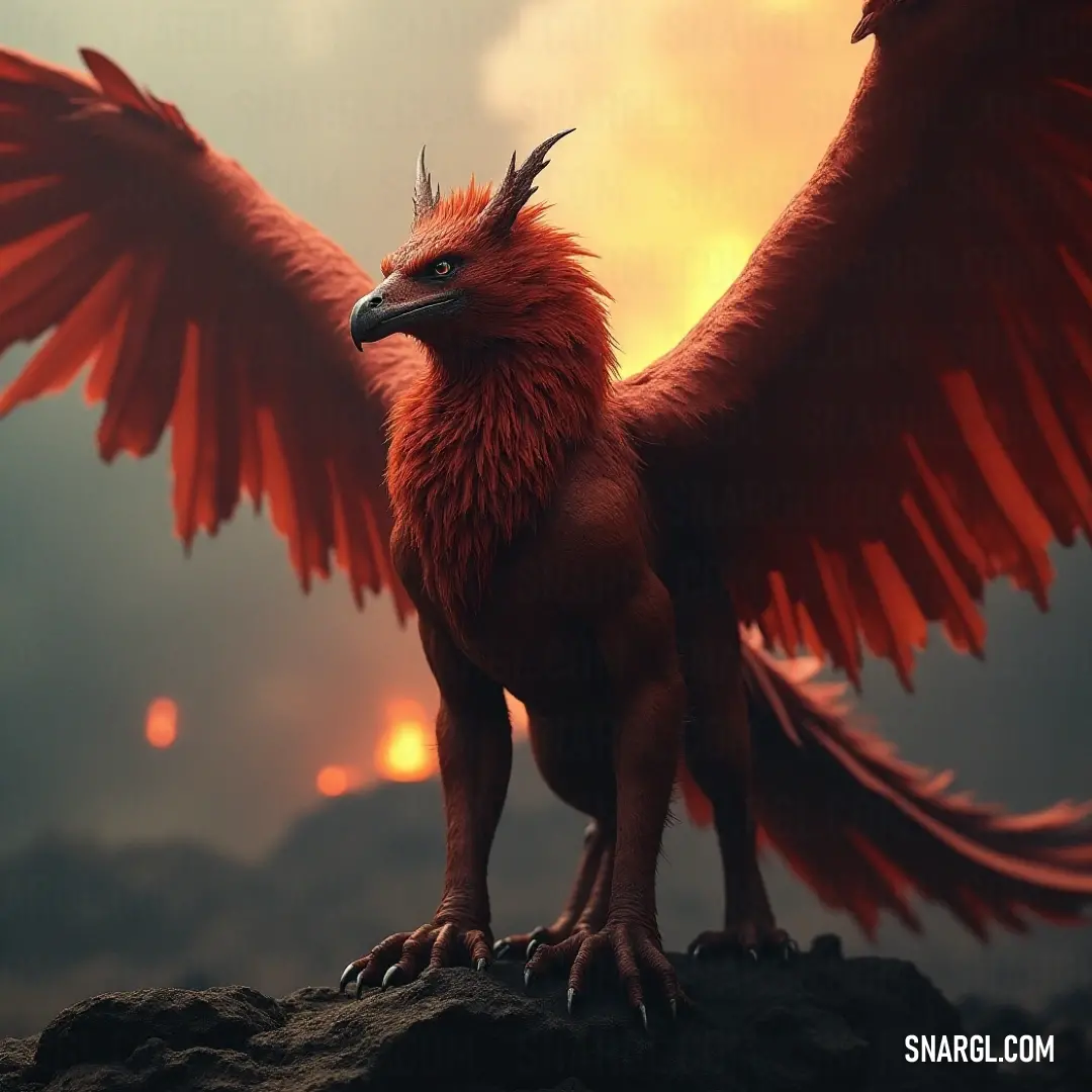 The bold Red Ironclaw stands proud on its rocky perch, dramatically silhouetted by the bright colors of a sunset, exuding an aura of strength and majesty. An impressive Red Ironclaw stands assertively on a rugged rock, its large wings unfurled, framed by a fiery sunset that casts a dramatic glow on its fierce features.