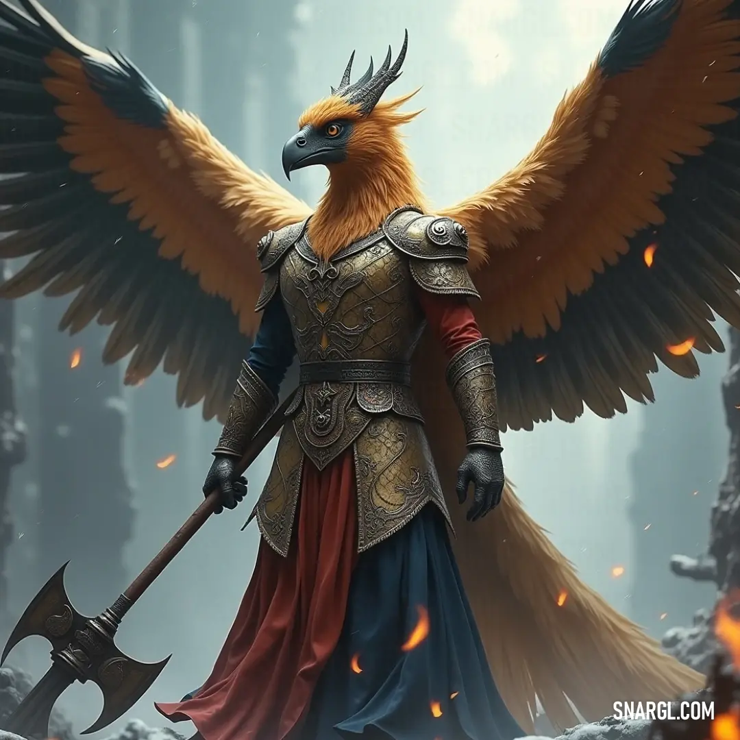 An armored Ironclaw Garuda with a sword, standing resolutely on a snowy terrain, as flames roar in the backdrop, capturing a moment of valor. The Ironclaw Garuda, clad in intricately designed armor, stands triumphantly on a snowy surface. Flames flicker menacingly in the background, adding drama to this fierce protector's stoic presence overlooking the battlefield.