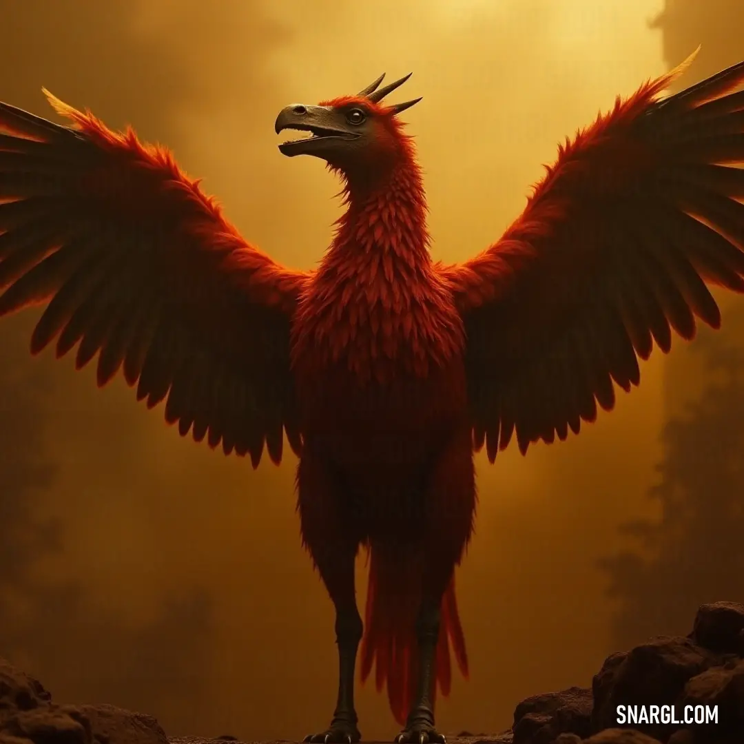 The powerful Ironfang, wings unfurled wide, captures the essence of majesty against an extraordinary yellow sky, casting a striking silhouette above a canvas of clouds and towering trees. With wings fully spread, the Ironfang stands powerfully on a rocky outcrop against a vivid yellow sky, adorned with clouds and trees, embodying the essence of majestic freedom in a breathtaking landscape.