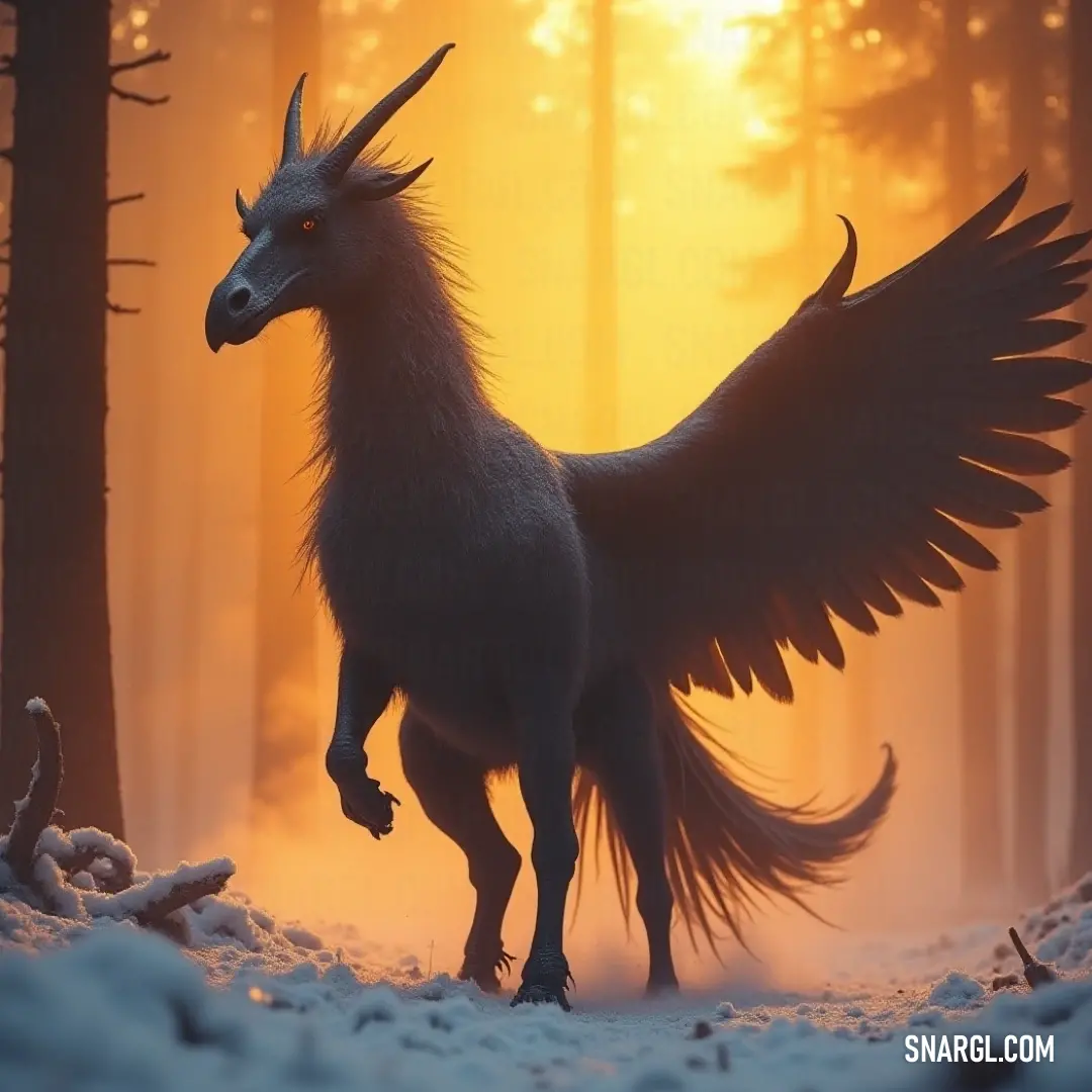 A majestic white and black Ironfang creature with expansive wings stands in a snowy landscape, surrounded by tall trees, as soft snowflakes fall gently from the sky. The serene winter atmosphere contrasts with the powerful presence of the creature.