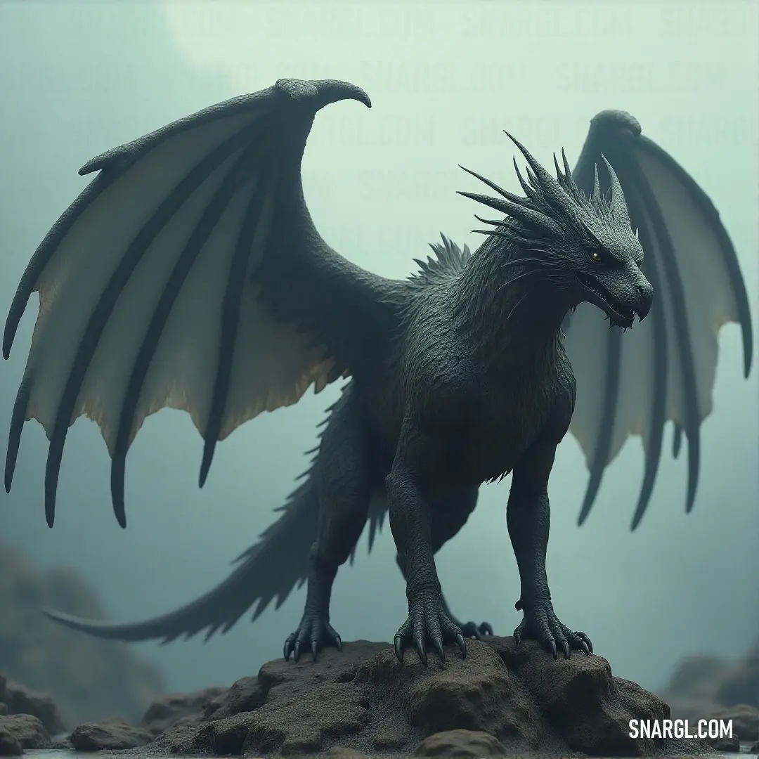 A black Ironfeather stands on a rock in the fog, its wings spread wide as it faces the misty sky, exuding an aura of power. A black Ironfeather stands on a rocky outcrop, its wings unfurled wide against a fog-covered sky. The mist swirls around the creature, enhancing its ethereal and commanding presence as it stands alone in the haze.