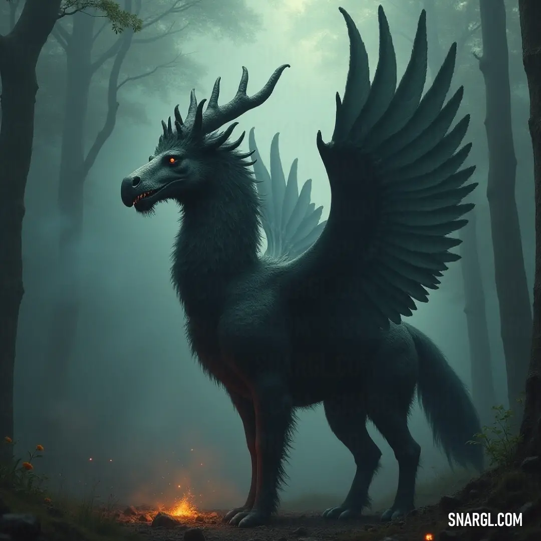 An impressive Ironfire exudes strength, with its grand wings unfurled and fire blazing in its mouth, contrasting the smoke-filled forest while its glowing eyes pierce through the dusk.