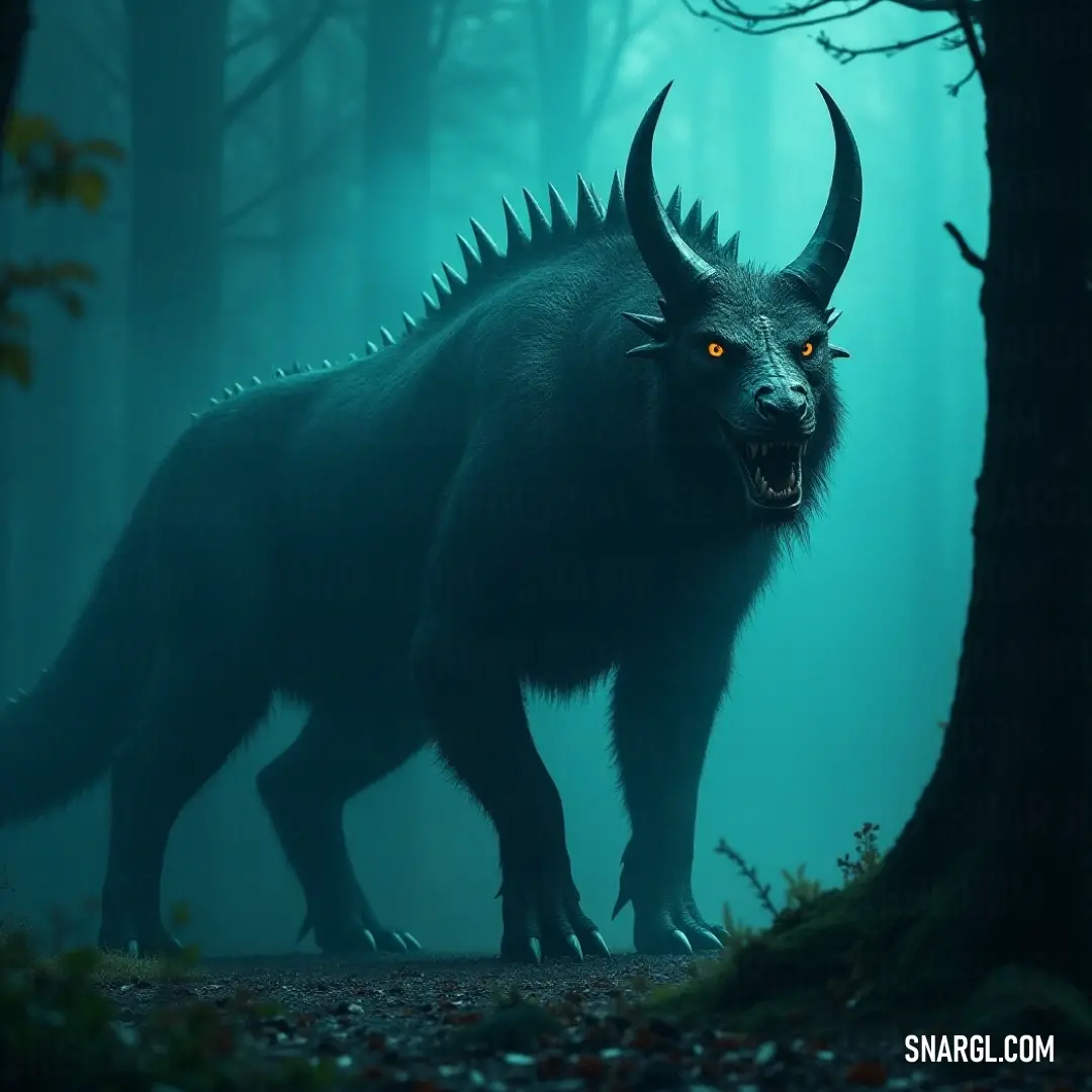 Emerging from the fog, the Black Ironspike strides through a shadowy forest, its intimidating horns and sharp fangs a testament to nature's savage wonders and wild enchantment. A Black Ironspike with fierce horns and jagged fangs moves through a foggy forest, its dark silhouette accentuated by the misty air and scattered leaves.