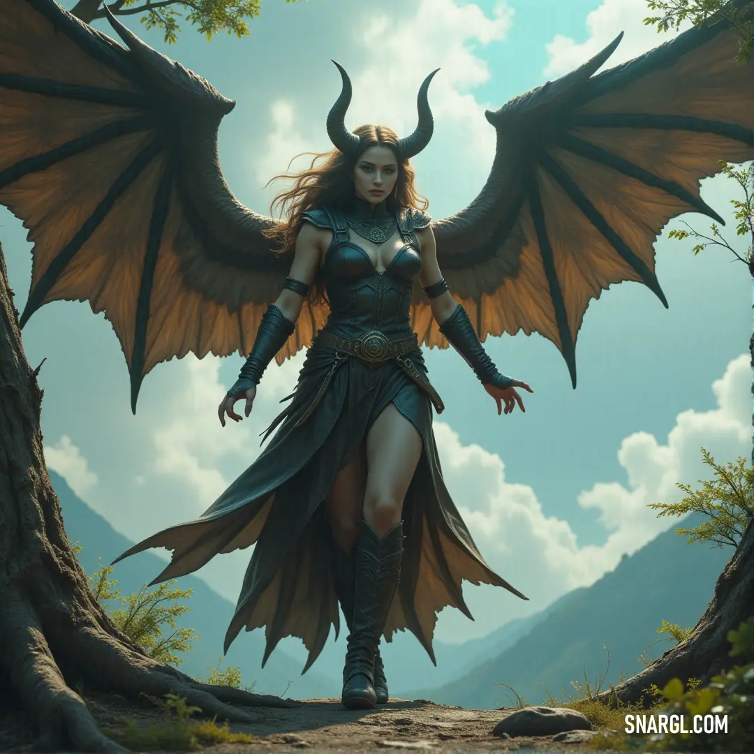 A powerful figure, Isabeau, dressed as a demon, poses in a forest with wings spread wide and a dramatic sky above. Isabeau, with dark wings unfurled and dressed in a fierce demon outfit, stands tall amidst a forest. The sky above her radiates a fiery glow, adding intensity to her commanding presence in the wild, untamed surroundings.