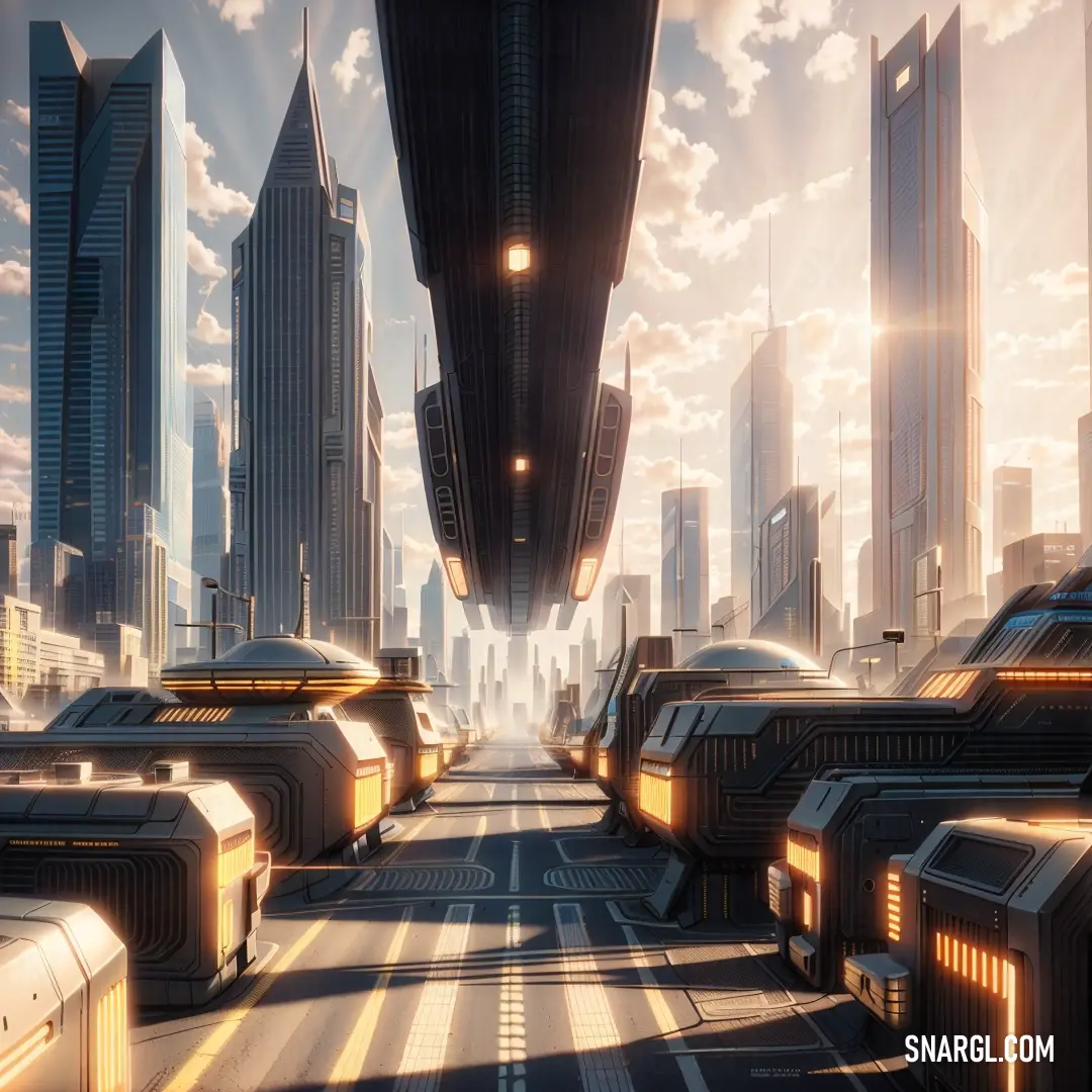 Futuristic city with a lot of tall buildings and a lot of cars on the road in front of them