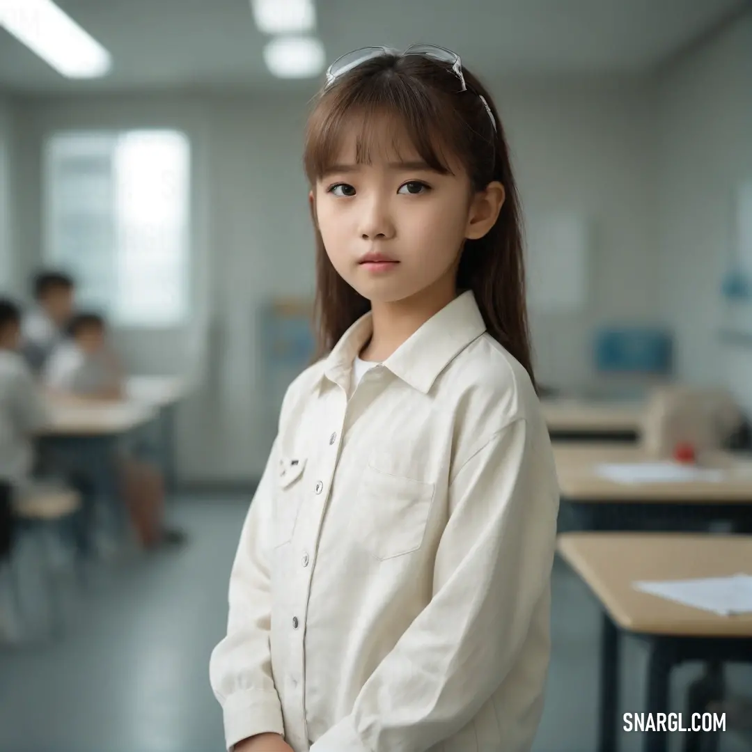 Young girl standing in a classroom with desks. Color RGB 244,240,236.