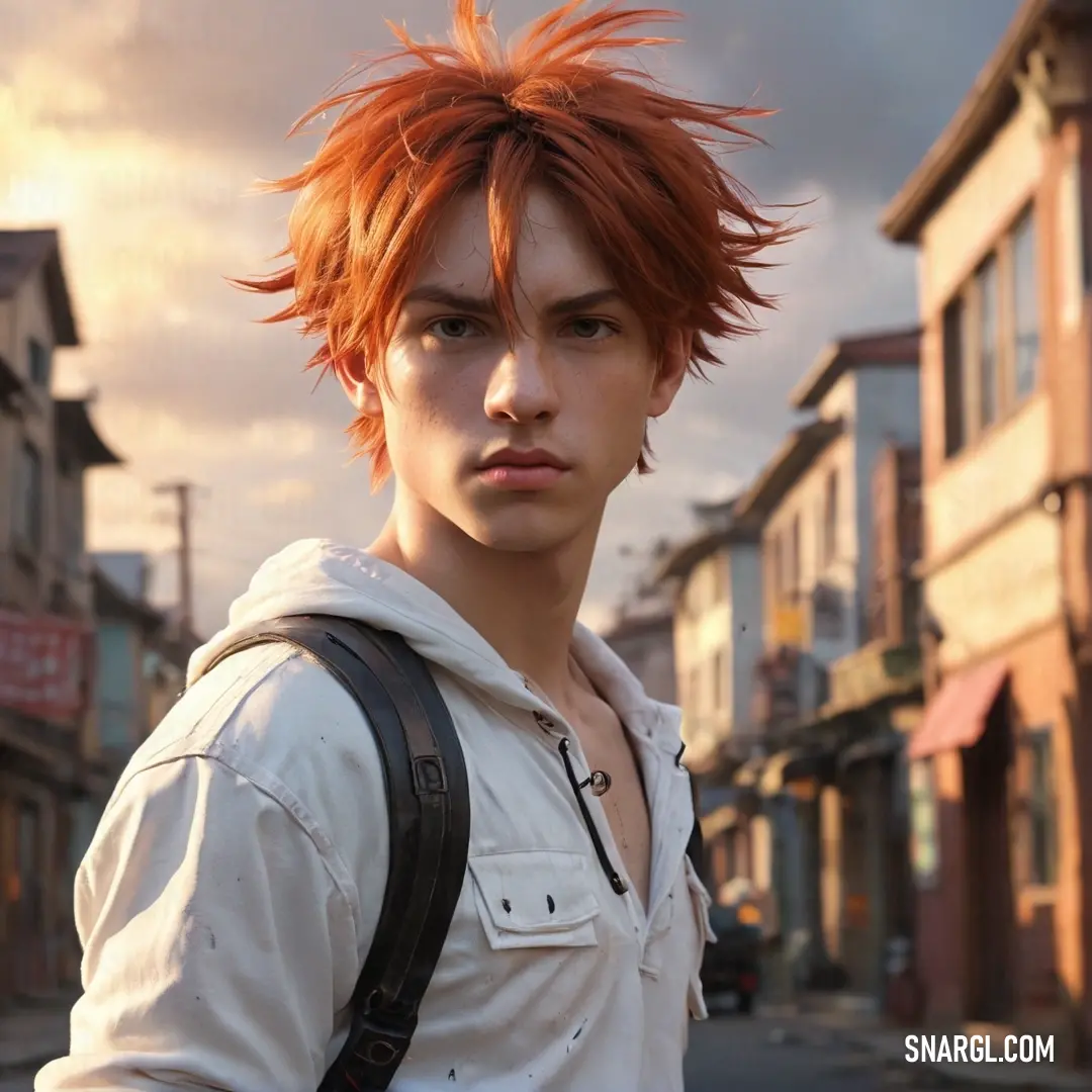 Man with red hair and a backpack on a street corner in a city with buildings and a cloudy sky. Example of RGB 244,240,236 color.