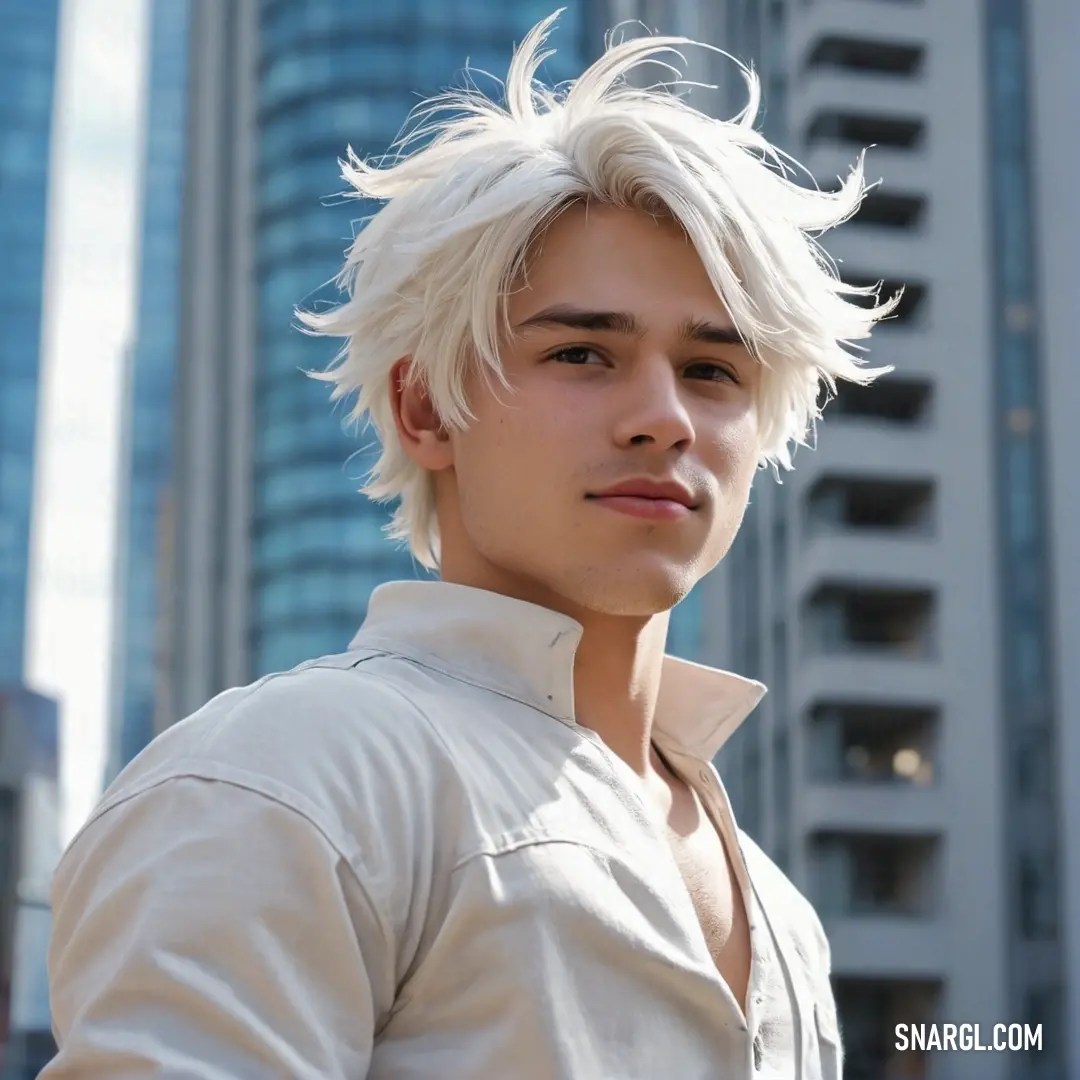 Man with white hair and a white shirt in front of a building with skyscrapers in the background. Example of Isabelline color.