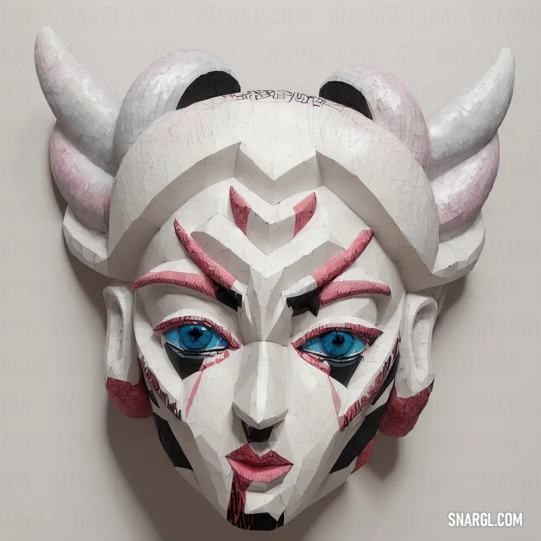 Mask with horns and blue eyes on a wall with writing on it that says