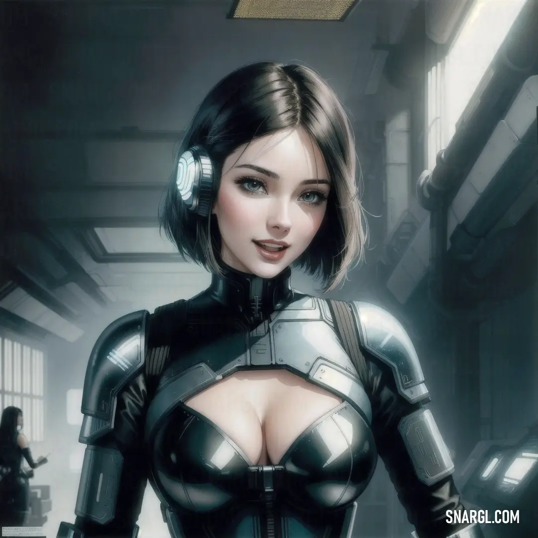 Woman in a futuristic suit is standing in a room with a gun in her hand and a headphones on her ear