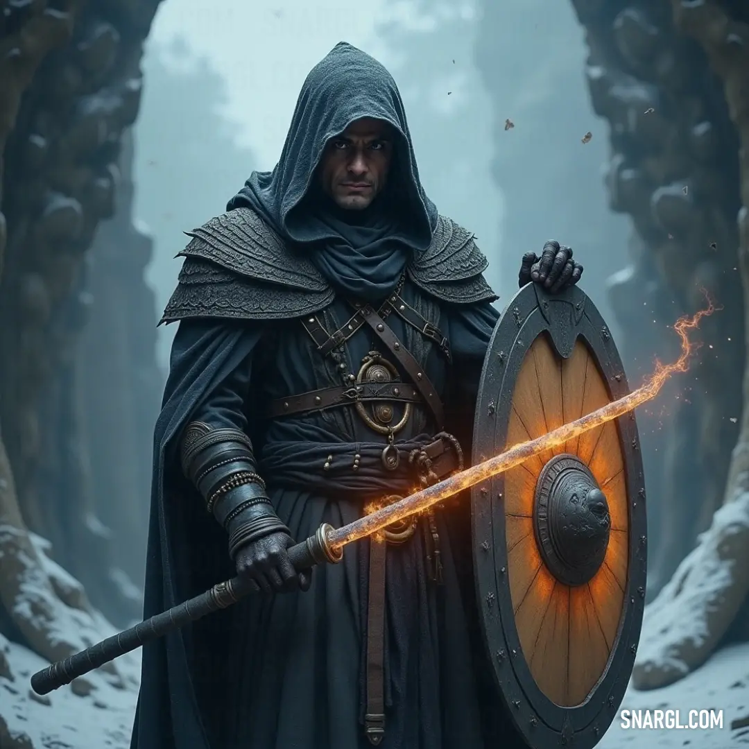 Amidst a snowy forest, a courageous warrior wielding a sword and shield stands vigilantly, flames flickering with potential energy against the icy backdrop. A valiant warrior clad in a hooded outfit grips a sword and shield, emanating strength within a snowy forest setting. Glowing flames flicker between the sword and shield, hinting at a mystical power waiting to be unleashed, as shadows dance among snow-cov