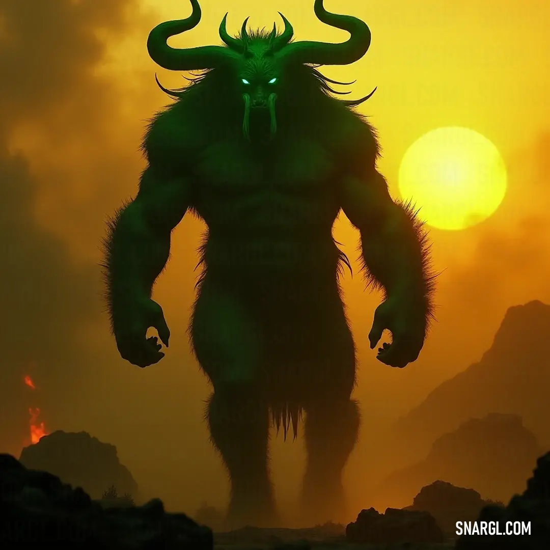 An impressive sight of a giant figure adorned with magnificent horns, standing boldly before an enchanting sunset that fills the scene with vibrant colors and powerful imagery. A colossal figure with imposing horns looms dramatically against a backdrop of a fiery sunset, blending strength with beauty as the colors of the sky dance brilliantly behind her.