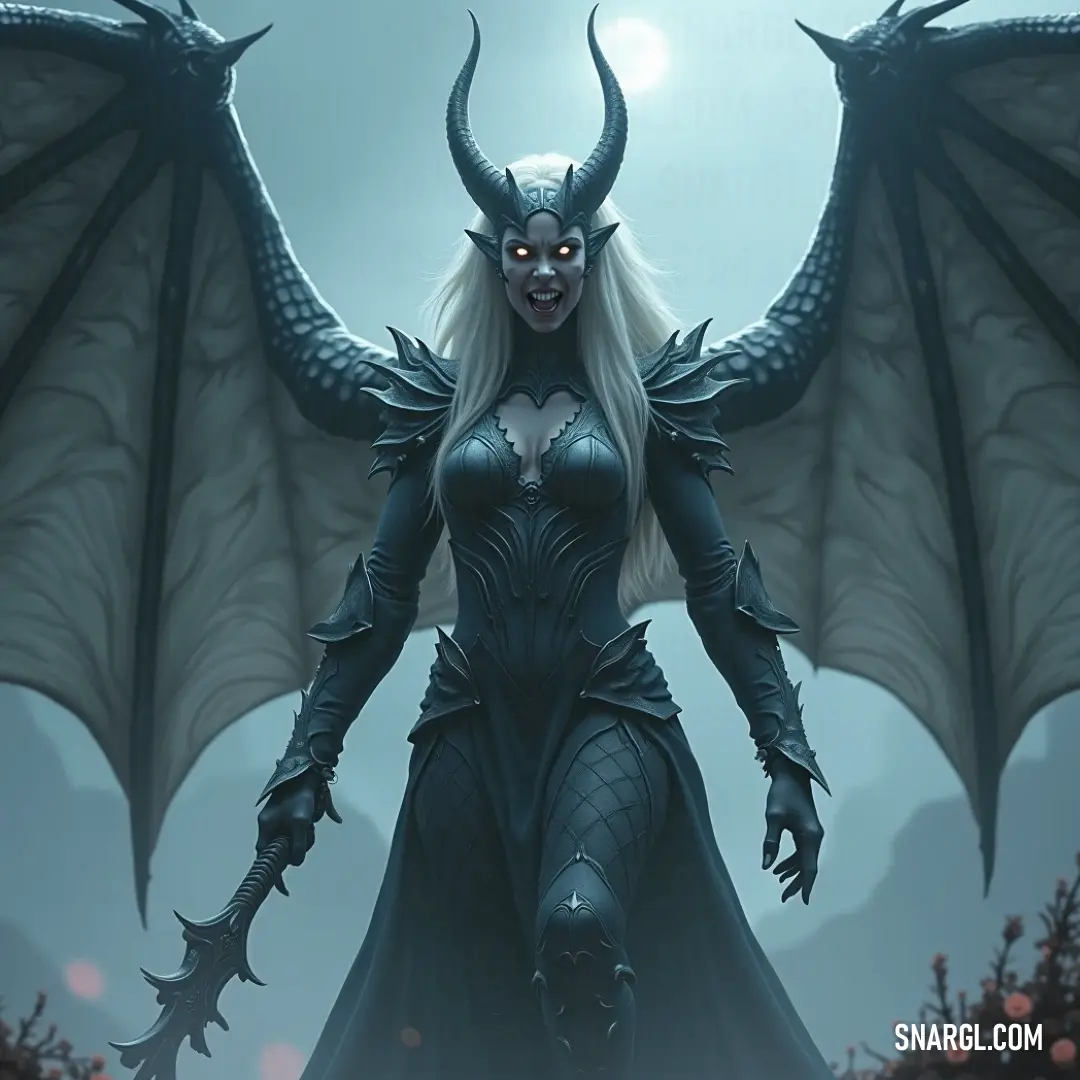 Isla with horns and a demon-like outfit, standing in front of a full moon with a dragon head looming in the sky. Isla, with horns and a demon-like outfit, stands confidently before a glowing full moon, while a dragon-like head watches from the sky, adding an air of mysticism to the night.
