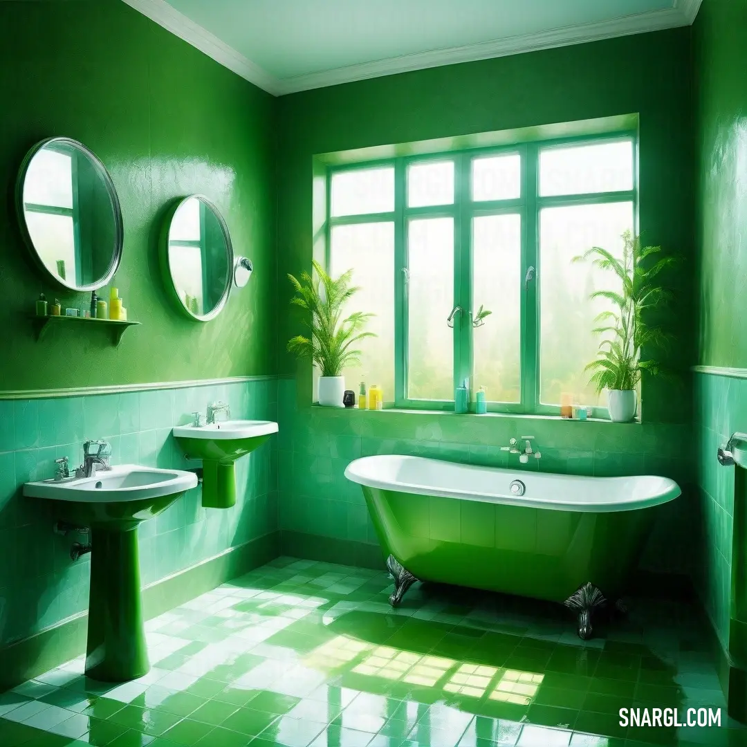 A bright bathroom scene features a charming green bathtub and a sleek sink, surrounded by a stylish mirror and a window adorned with green trim that harmonizes beautifully, creating an inviting space that exudes cleanliness and comfort.