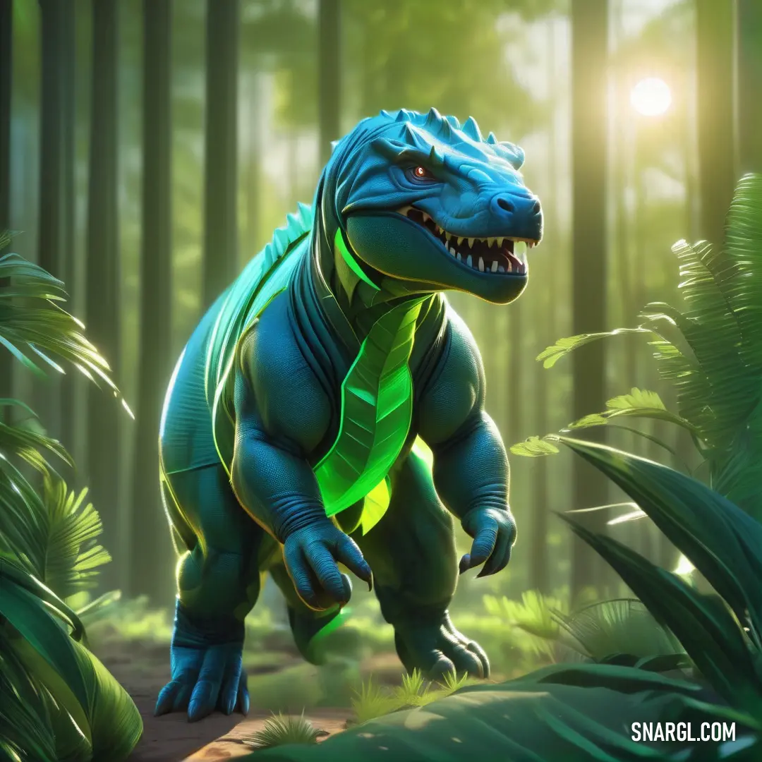 A captivating dinosaur roams a dense forest, its face and mouth aglow with an ethereal green light, evoking a sense of prehistoric mystery and wonder.