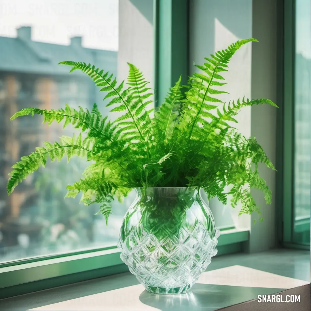 A delicate fern gracefully perched in a vase on a windowsill, framing a picturesque view of a bustling cityscape outside. This setup combines nature's beauty with urban life beautifully.