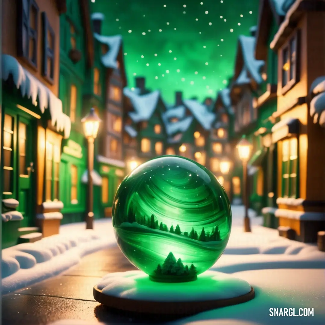 A vibrant green glass ball sits atop a snow-covered ground, surrounded by a wintery scene of buildings and twinkling street lights, evoking a magical, festive atmosphere.