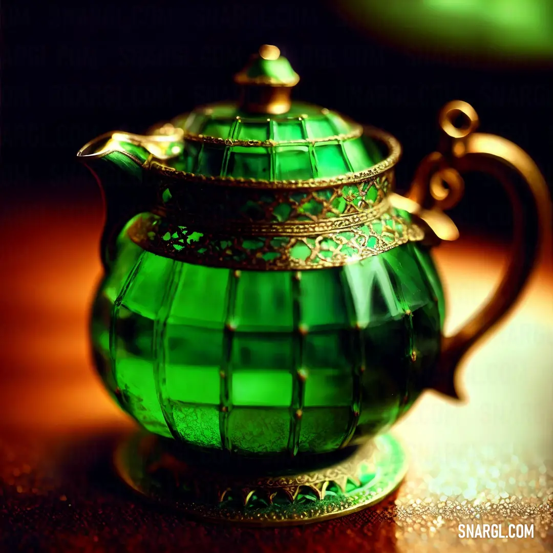 Green glass tea pot on a table next to a green plate with a gold trimming around it