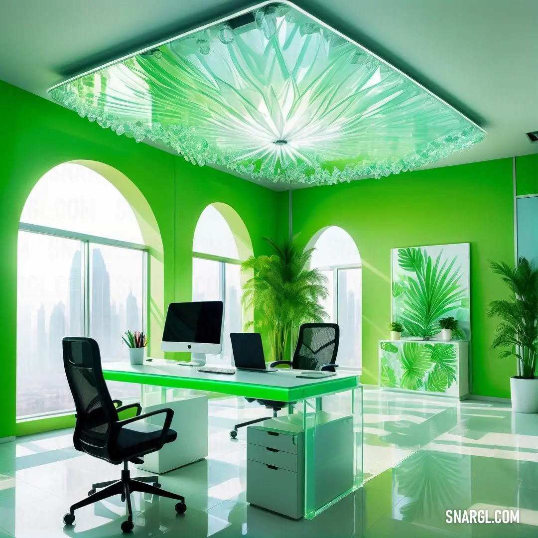 A striking green-themed office showcasing a green desk and chair, complemented by a contrasting black chair, under a green ceiling. This harmonious design exudes a fresh and modern vibe.