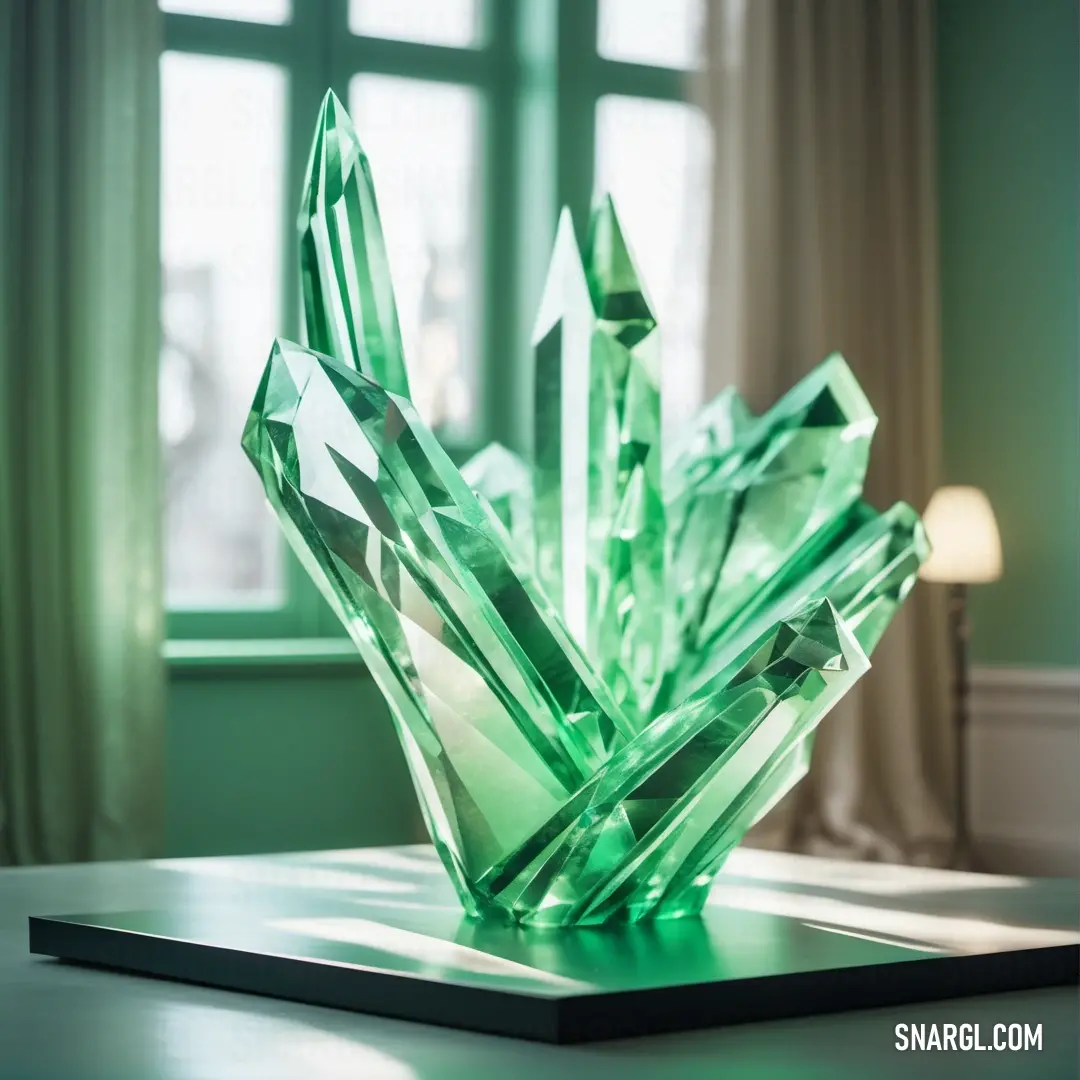 A green sculpture sits on a table, with a green curtain behind it and sunlight streaming in through the window, giving the sculpture an ethereal glow and creating a sense of tranquility.