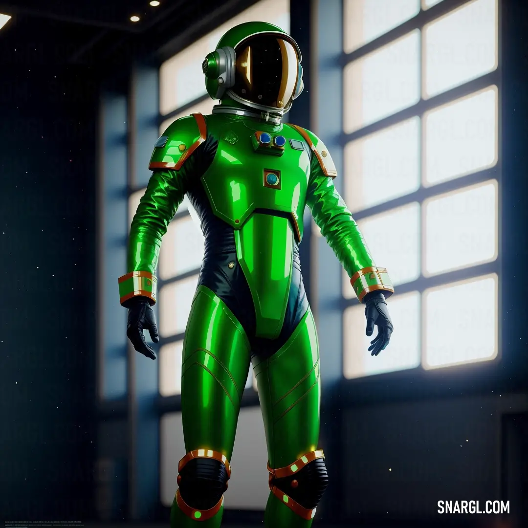 Green space suit standing in a room with a window behind it