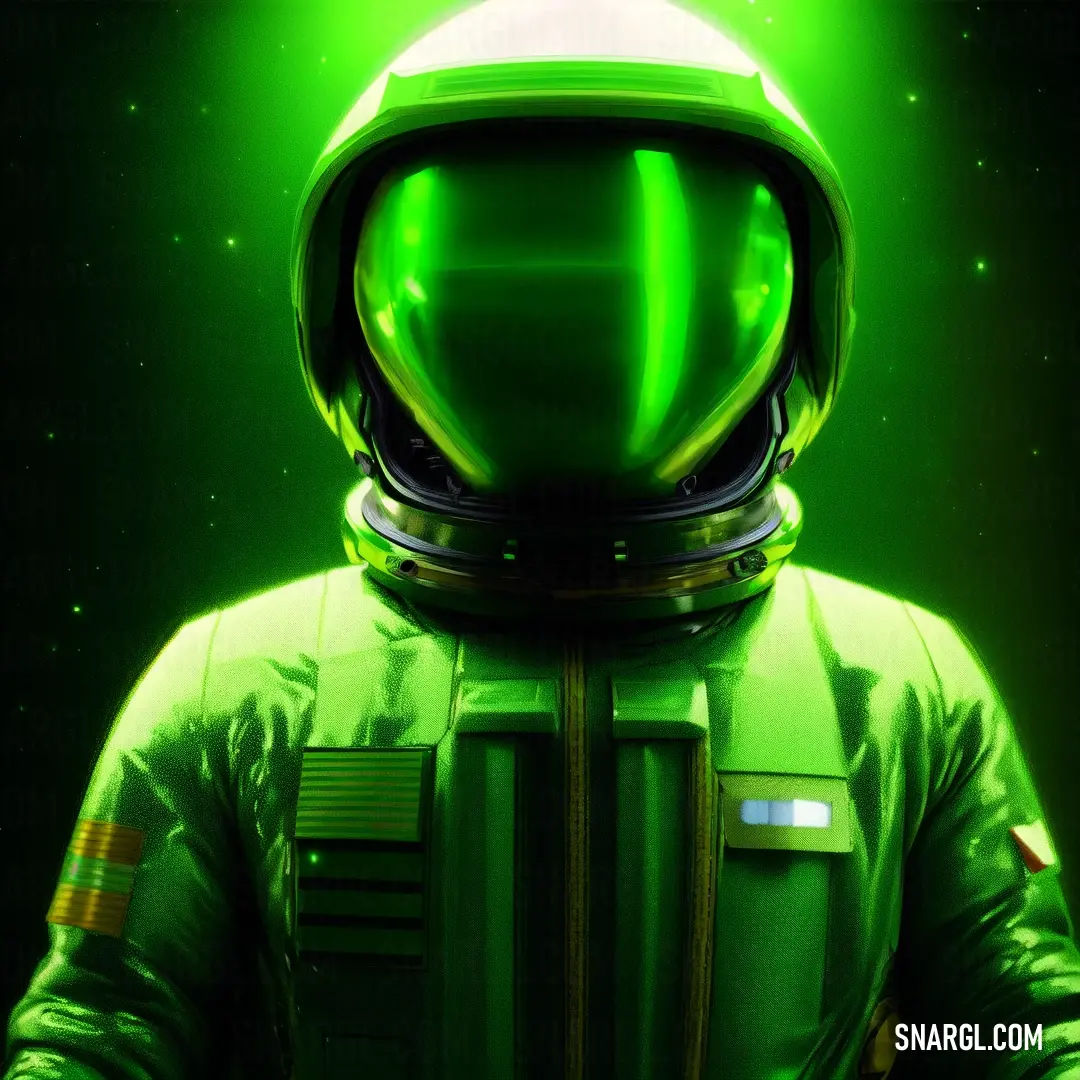 Green space suit with a helmet on it's head and a green light behind it's head