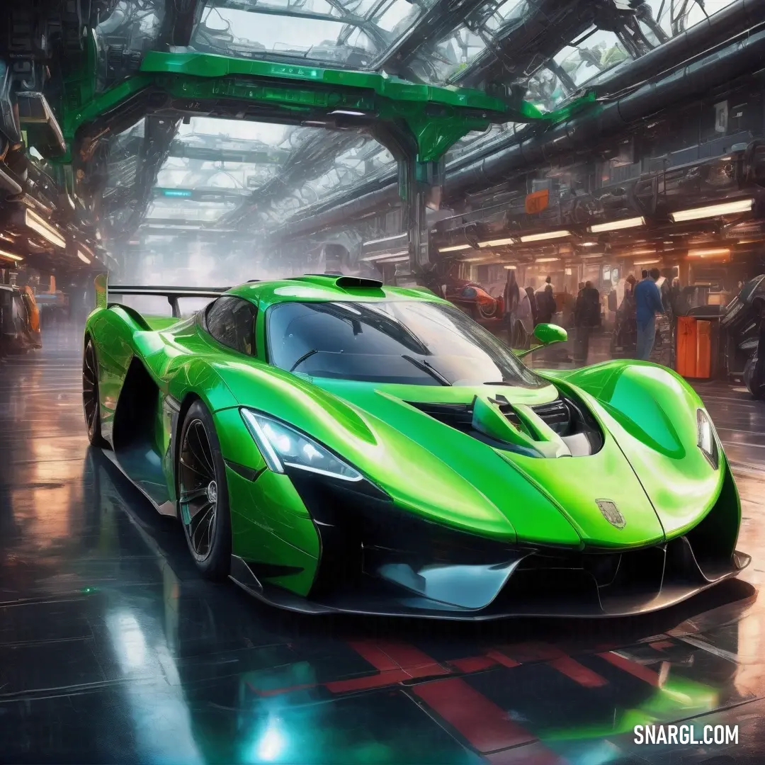 Green sports car in a garage with people around it and a green roof overhanging the car. Example of RGB 0,144,0 color.