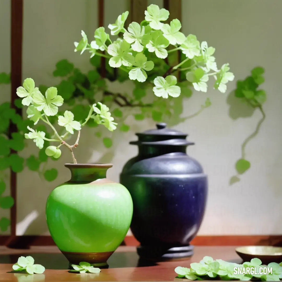 A refreshing scene featuring a vibrant green vase filled with a lush green plant, positioned beside another exquisite vase on a stylish table. This arrangement brings an invigorating touch of nature into the living space.