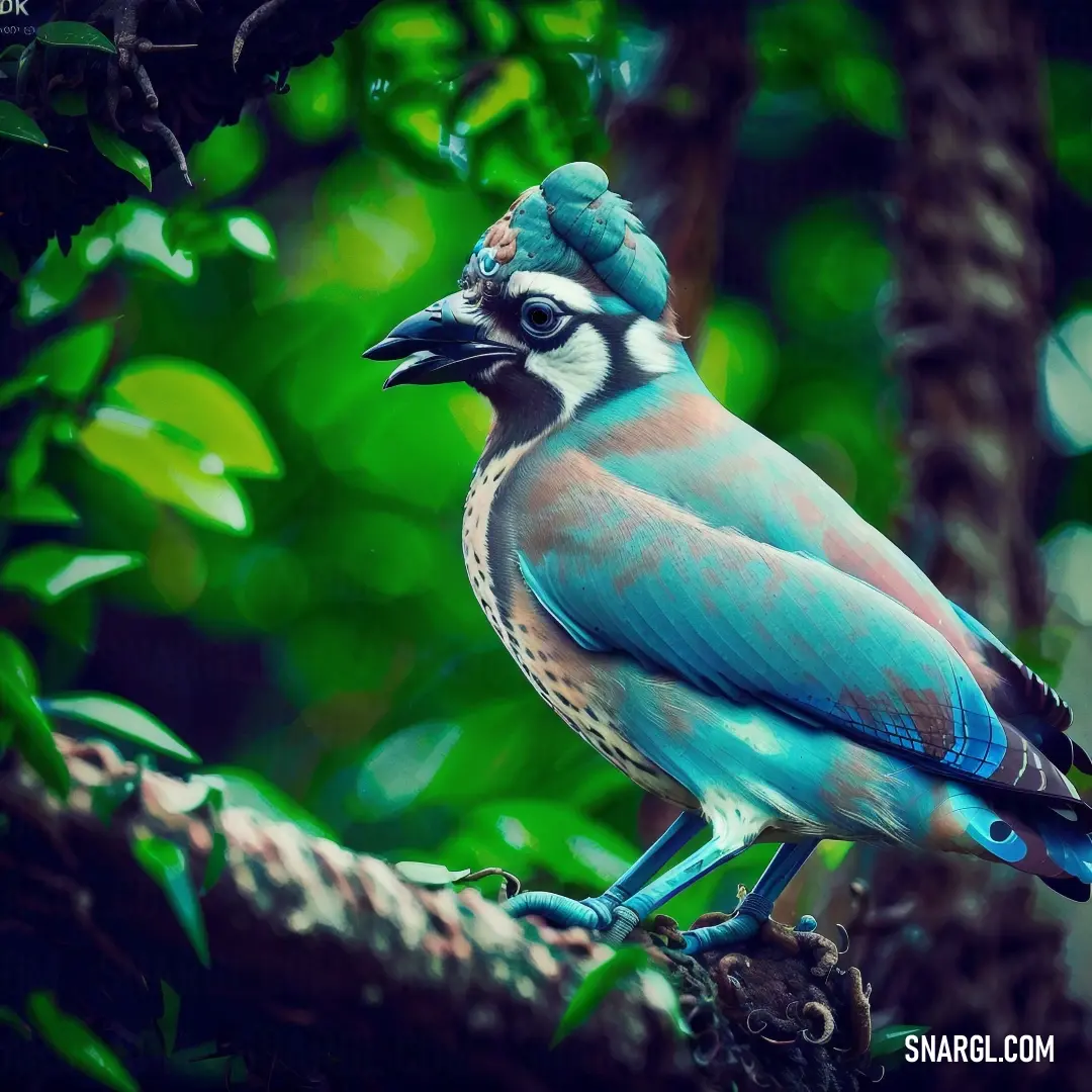 A beautiful bird with a striking blue head and tail perches on a branch adorned with lush green leaves, creating a vibrant tableau of nature's palette.