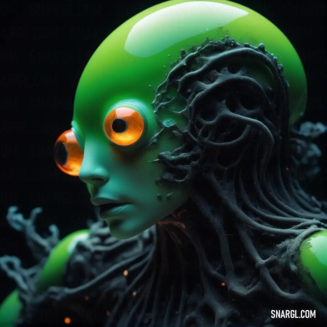 A mysterious green alien with glowing orange eyes stares out from a black background. Its otherworldly appearance and intense gaze create an aura of intrigue, evoking curiosity about the creature’s origins.