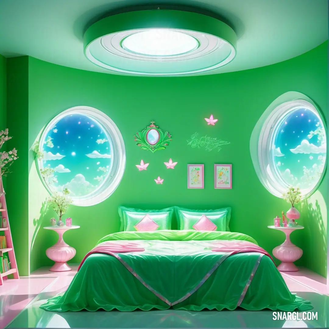 An inviting green bedroom showcases a cozy haven, highlighted by a circular window and a neatly made bed adorned with lush green comforters and pillows, complemented by a charming ladder that adds a playful touch to the serene décor.