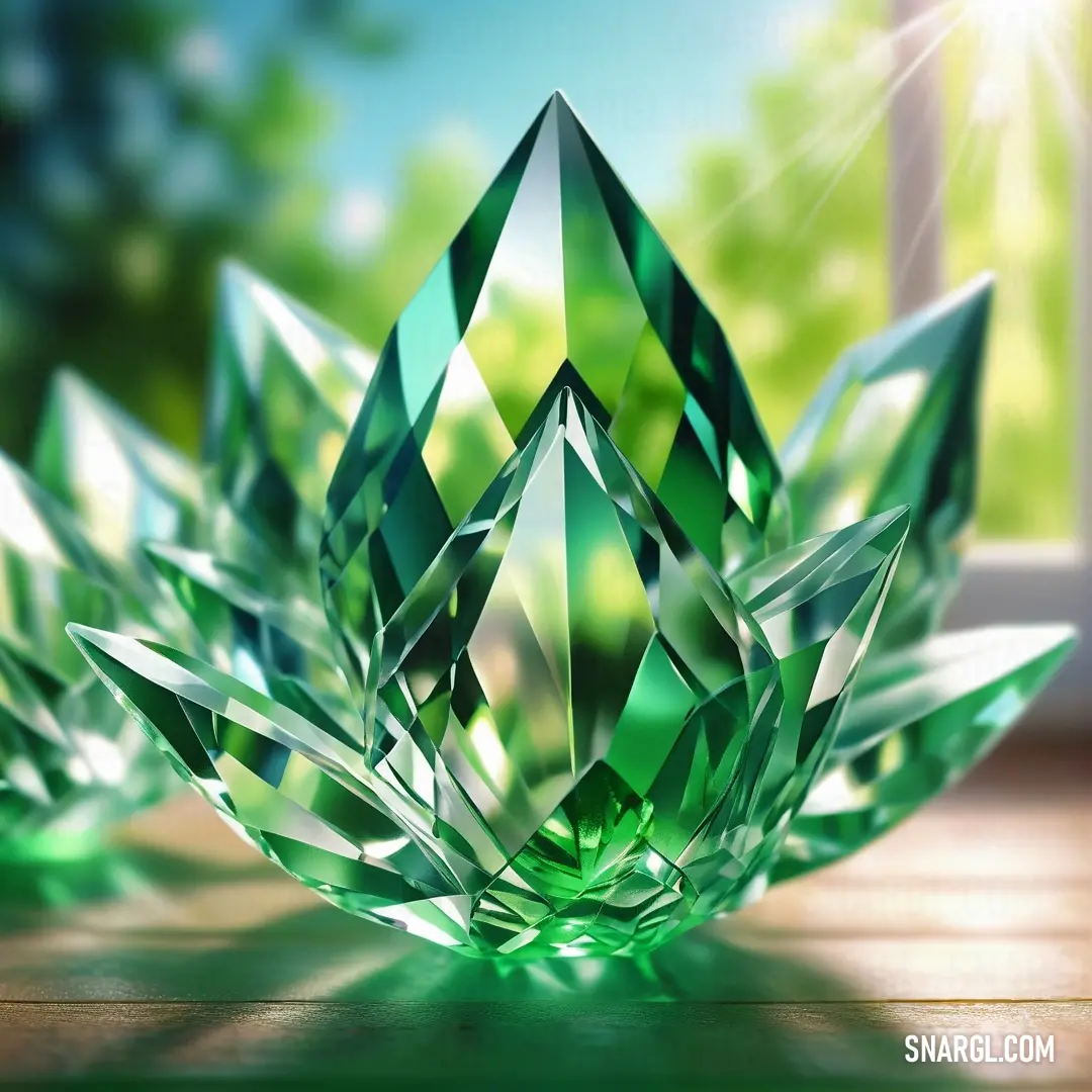 A green crystal object rests on a wooden table, with a bright green sky visible through the window behind it, casting a soft glow over the scene and emphasizing the crystal’s vibrant color.